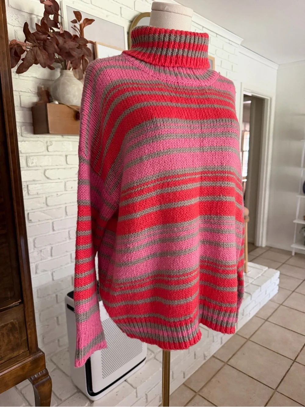 Striped Pink & Red Turtleneck Sweater - Cozy Oversized Fit